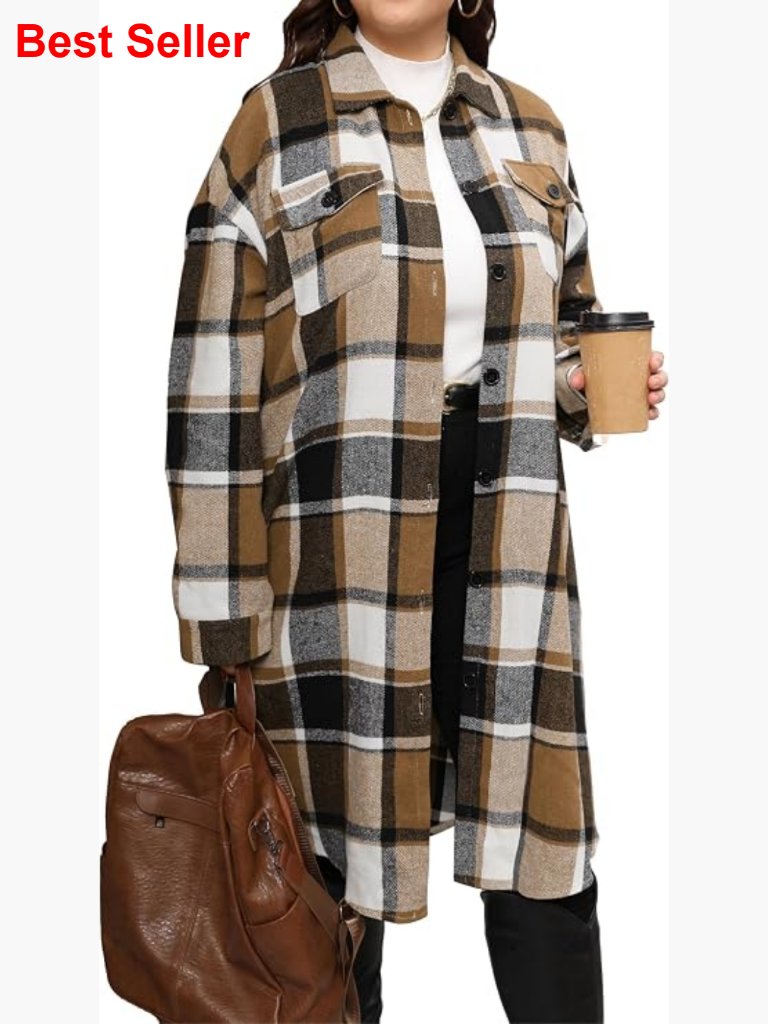 Plus Size Plaid Flannel Shacket Long Button Down Oversized Jacket Coat